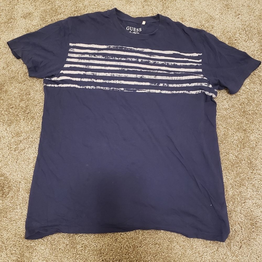 Mens Navy Blue Guess Tee White Stripes Size XL